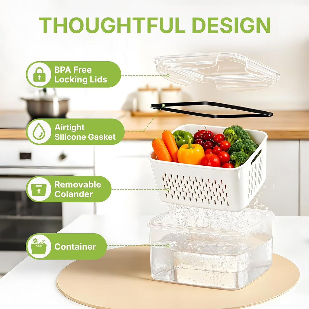 5-Piece Food Storage Container Set with Removable Colanders & Leak-Resistant Lids – BPA-Free Fridge Organizers for Produce, Fruits, Vegetables, Meal Prep & Leftovers, Microwave, Oven and Dishwasher Compatible