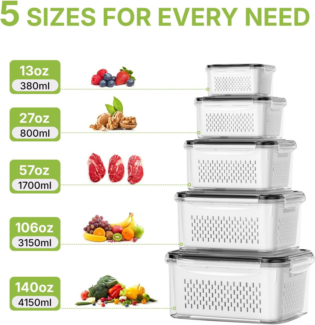 5-Piece Food Storage Container Set with Removable Colanders & Leak-Resistant Lids – BPA-Free Fridge Organizers for Produce, Fruits, Vegetables, Meal Prep & Leftovers, Microwave, Oven and Dishwasher Compatible