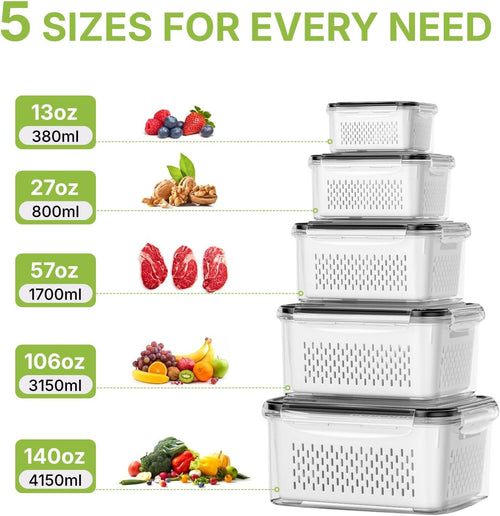 5-Piece Food Storage Container Set with Removable Colanders & Leak-Resistant Lids – BPA-Free Fridge Organizers for Produce, Fruits, Vegetables, Meal Prep & Leftovers, Microwave, Oven and Dishwasher Compatible