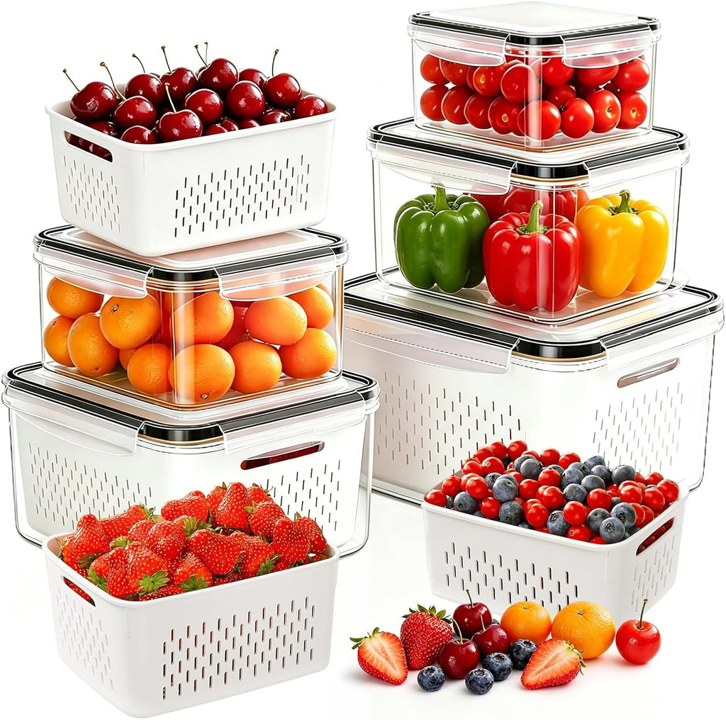 5-Piece Food Storage Container Set with Removable Colanders & Leak-Resistant Lids – BPA-Free Fridge Organizers for Produce, Fruits, Vegetables, Meal Prep & Leftovers, Microwave, Oven and Dishwasher Compatible