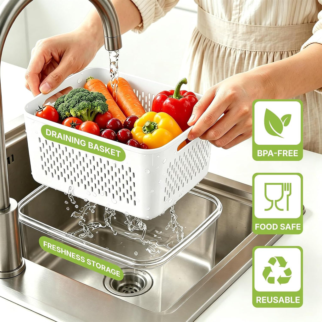 5-Piece Food Storage Container Set with Removable Colanders & Leak-Resistant Lids – BPA-Free Fridge Organizers for Produce, Fruits, Vegetables, Meal Prep & Leftovers, Microwave, Oven and Dishwasher Compatible
