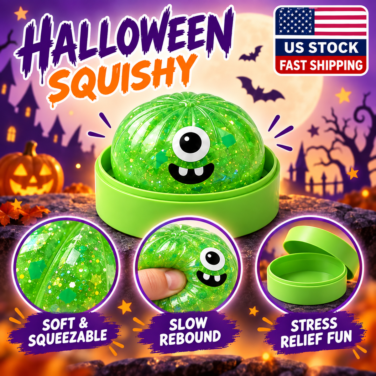 New 1-Pcs Green Monster Glitter Dumpling Squishy Toy with Steamer Case – So Satisfying Slow-Rise Sensory Fidget Squeeze Toy, Cute Cyclops Desk Buddy, Halloween Basket Stuffer, Spooky Party Favor, Non-Candy Treat & Halloween Gift
