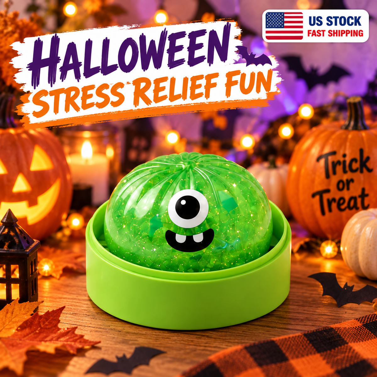 New 1-Pcs Green Monster Glitter Dumpling Squishy Toy with Steamer Case – So Satisfying Slow-Rise Sensory Fidget Squeeze Toy, Cute Cyclops Desk Buddy, Halloween Basket Stuffer, Spooky Party Favor, Non-Candy Treat & Halloween Gift