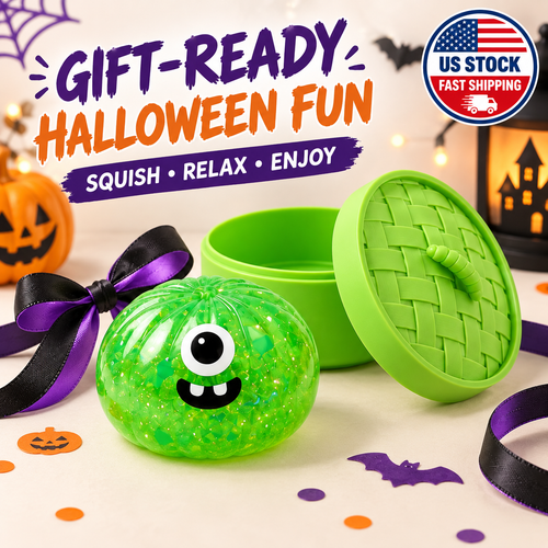 New 1-Pcs Green Monster Glitter Dumpling Squishy Toy with Steamer Case – So Satisfying Slow-Rise Sensory Fidget Squeeze Toy, Cute Cyclops Desk Buddy, Halloween Basket Stuffer, Spooky Party Favor, Non-Candy Treat & Halloween Gift
