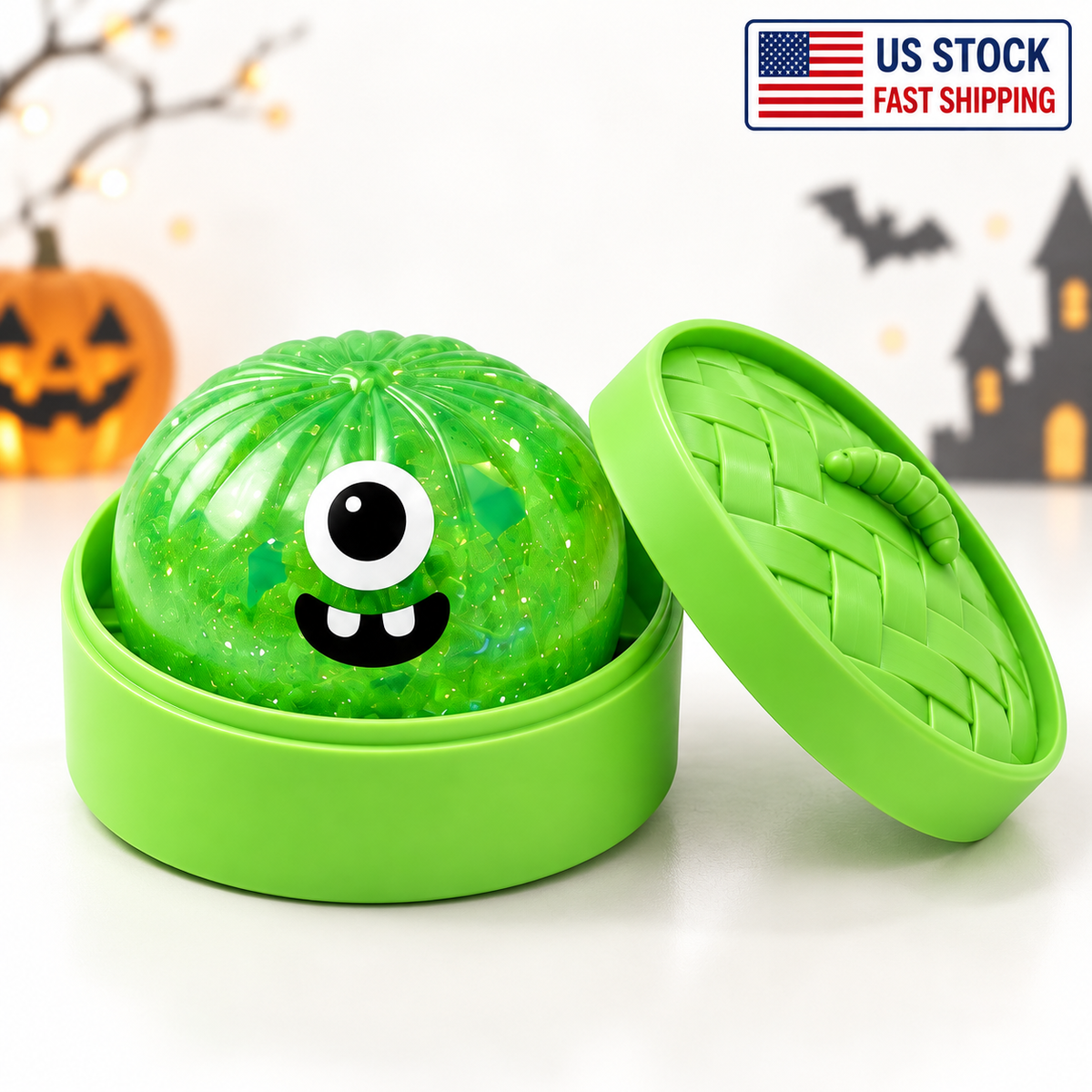 New 1-Pcs Green Monster Glitter Dumpling Squishy Toy with Steamer Case – So Satisfying Slow-Rise Sensory Fidget Squeeze Toy, Cute Cyclops Desk Buddy, Halloween Basket Stuffer, Spooky Party Favor, Non-Candy Treat & Halloween Gift