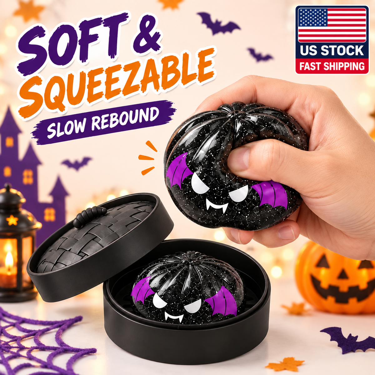 New 1Pcs Rare Halloween Black Bat Glitter Dumpling Squishy Toy, So Satisfying Slow-Rise Sensory Fidget Squeeze Toy with Steamer Case, Spooky Season Desk Buddy, Cute Vampire Collectible, Halloween Haul Find, Basket Stuffer, Party Favor Gift