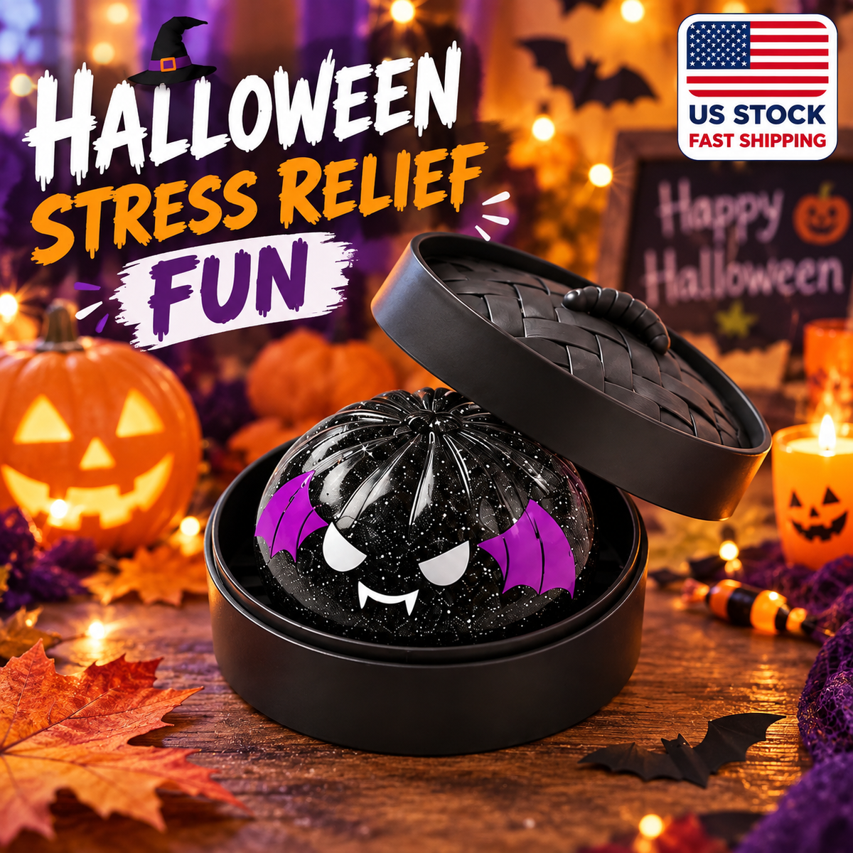 New 1Pcs Rare Halloween Black Bat Glitter Dumpling Squishy Toy, So Satisfying Slow-Rise Sensory Fidget Squeeze Toy with Steamer Case, Spooky Season Desk Buddy, Cute Vampire Collectible, Halloween Haul Find, Basket Stuffer, Party Favor Gift