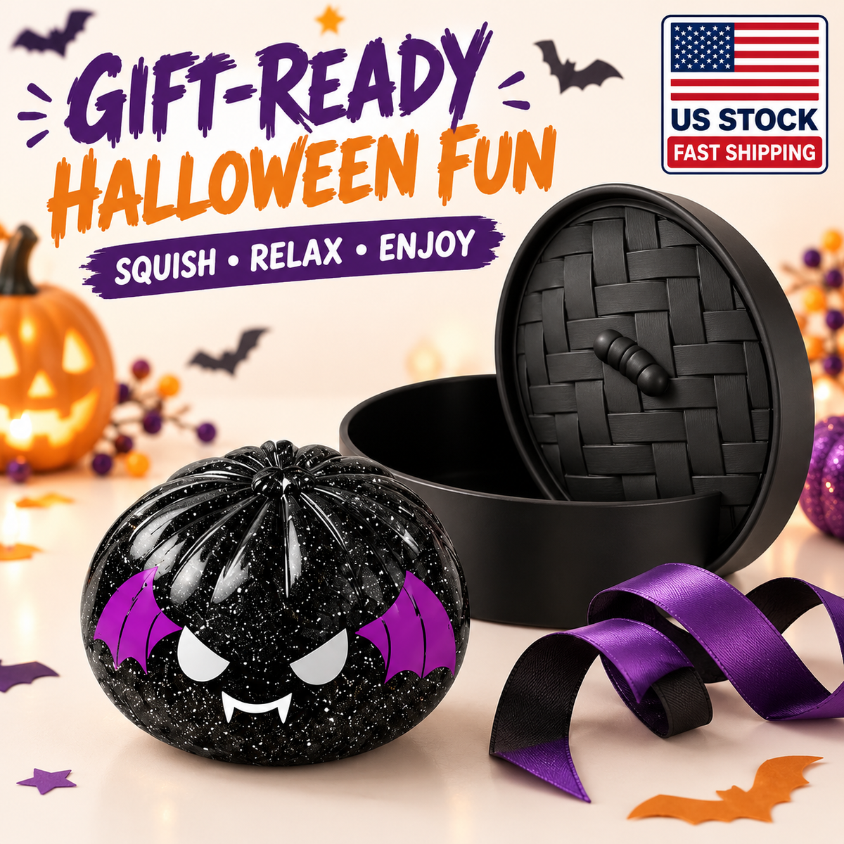 New 1Pcs Rare Halloween Black Bat Glitter Dumpling Squishy Toy, So Satisfying Slow-Rise Sensory Fidget Squeeze Toy with Steamer Case, Spooky Season Desk Buddy, Cute Vampire Collectible, Halloween Haul Find, Basket Stuffer, Party Favor Gift