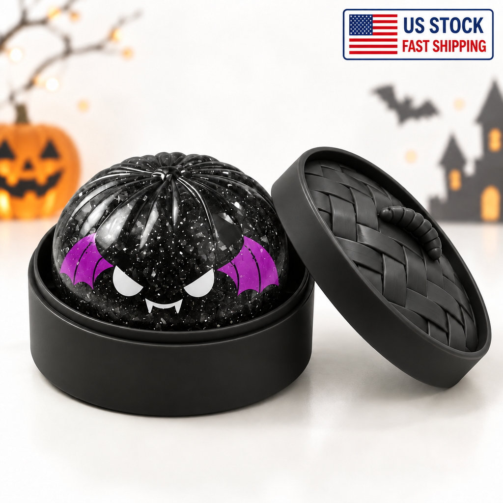 New 1Pcs Rare Halloween Black Bat Glitter Dumpling Squishy Toy, So Satisfying Slow-Rise Sensory Fidget Squeeze Toy with Steamer Case, Spooky Season Desk Buddy, Cute Vampire Collectible, Halloween Haul Find, Basket Stuffer, Party Favor Gift