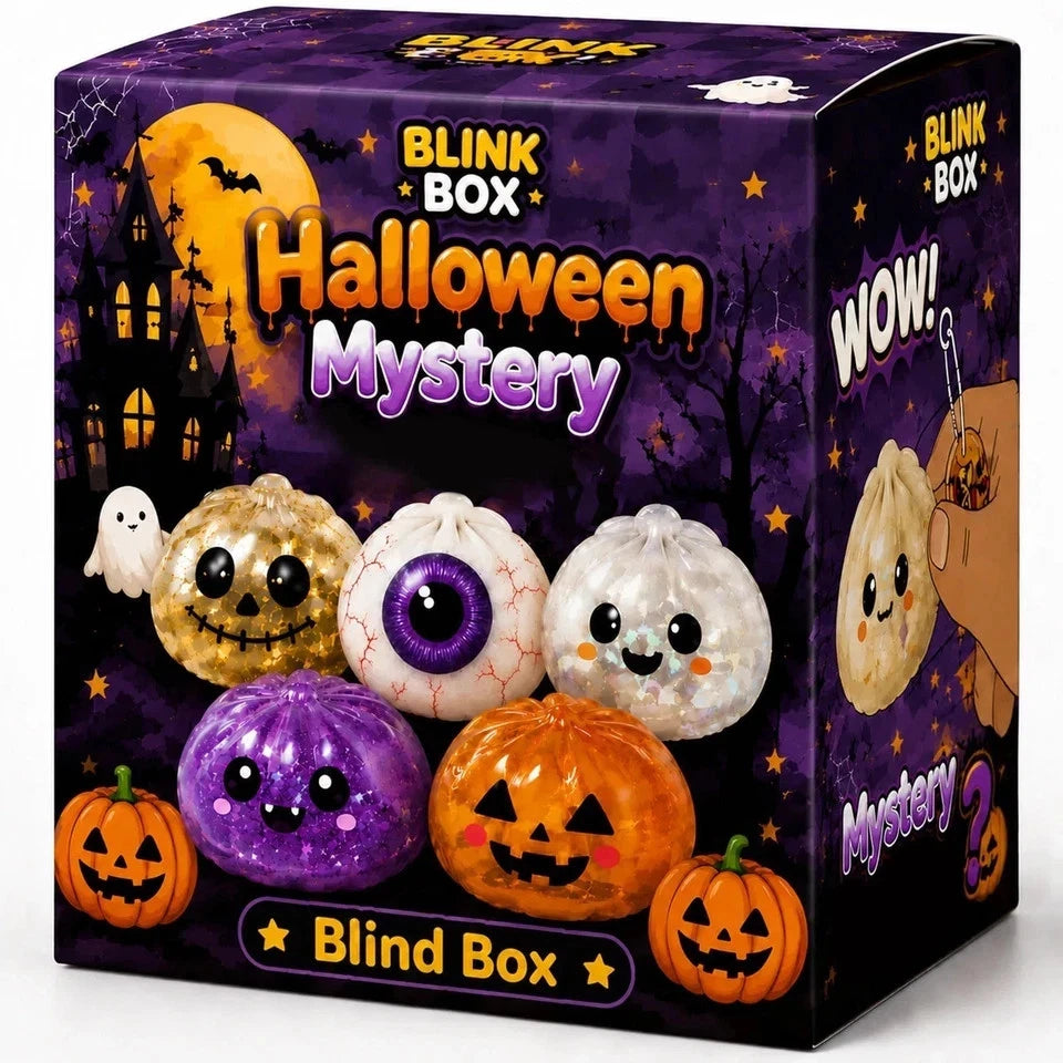 5-Pack Halloween Mystery Glitter Squishy Boo Crew Box – Slow-Rise Sensory Fidget Toys with Skull, Pumpkin, Eyeball, Ghost & Purple Monster, Spooky Basket Stuffers, Party Favors & Collectible Gift Set