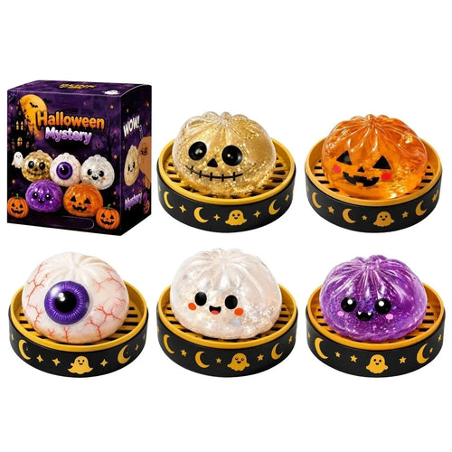 05 Pack Halloween Mystery Glitter Squishy Boo Crew Box – Slow-Rise Sensory Fidget Toys with Skull, Pumpkin, Eyeball, Ghost & Purple Monster, Spooky Basket Stuffers, Party Favors & Collectible Gift Set
