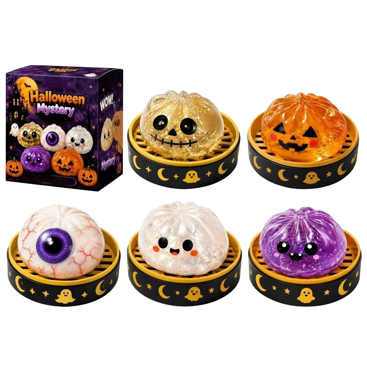 Halloween Glitter Dumpling Squishy Toy – Choose Skull, Pumpkin, Eyeball, Ghost or Purple Monster, Satisfying Slow-Rise Sensory Fidget, Spooky Desk Buddy, Basket Stuffer, Party Favor & Collectible Gift, 1 Selected Piece