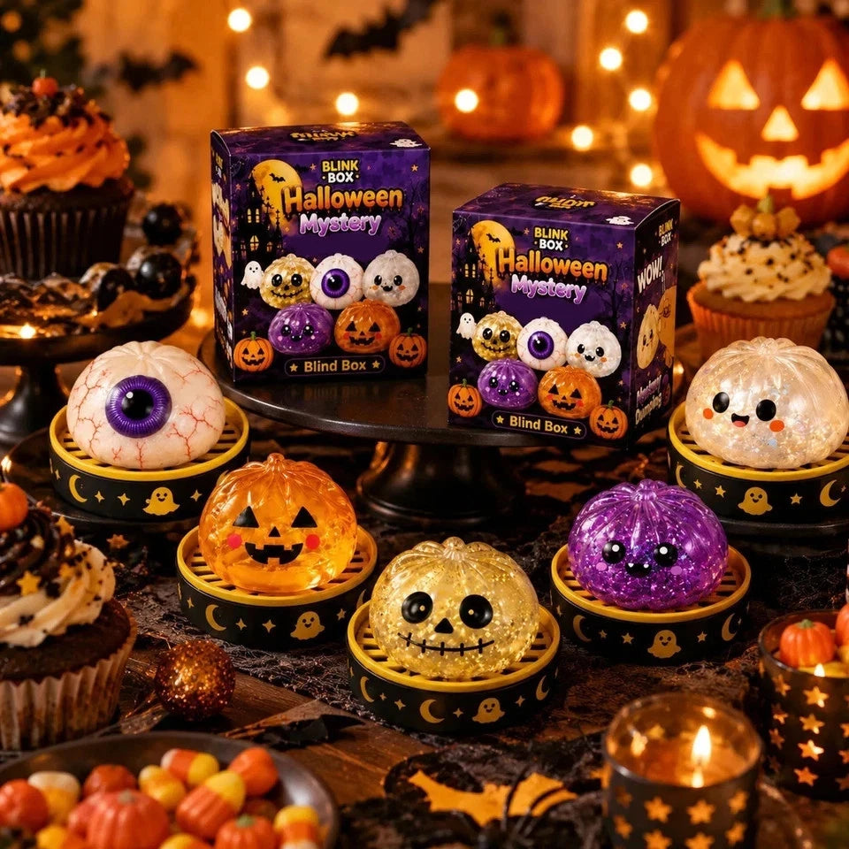 5-Pack Halloween Mystery Glitter Squishy Boo Crew Box – Slow-Rise Sensory Fidget Toys with Skull, Pumpkin, Eyeball, Ghost & Purple Monster, Spooky Basket Stuffers, Party Favors & Collectible Gift Set