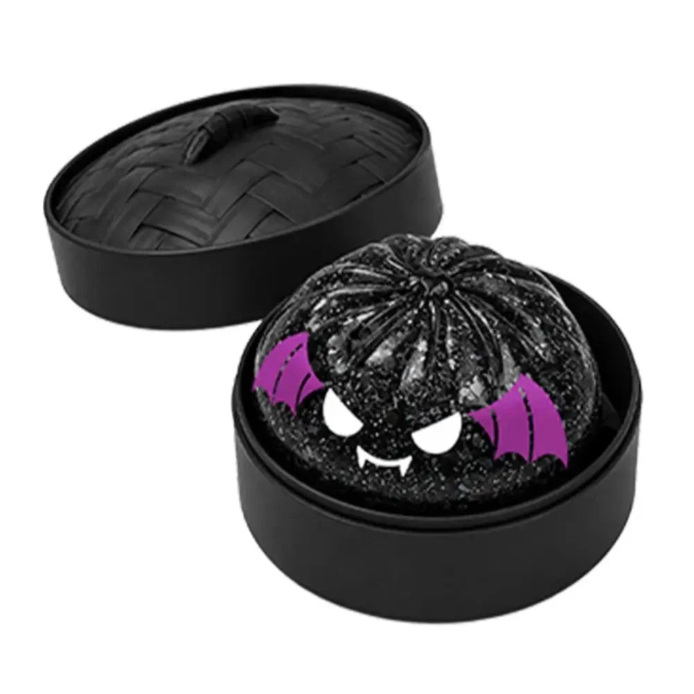 New 1Pcs Rare Halloween Black Bat Glitter Dumpling Squishy Toy, So Satisfying Slow-Rise Sensory Fidget Squeeze Toy with Steamer Case, Spooky Season Desk Buddy, Cute Vampire Collectible, Halloween Haul Find, Basket Stuffer, Party Favor Gift