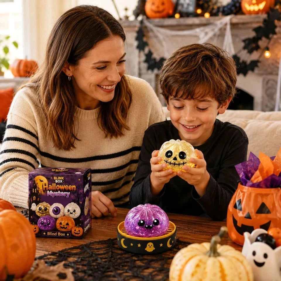 5-Pack Halloween Mystery Glitter Squishy Boo Crew Box – Slow-Rise Sensory Fidget Toys with Skull, Pumpkin, Eyeball, Ghost & Purple Monster, Spooky Basket Stuffers, Party Favors & Collectible Gift Set