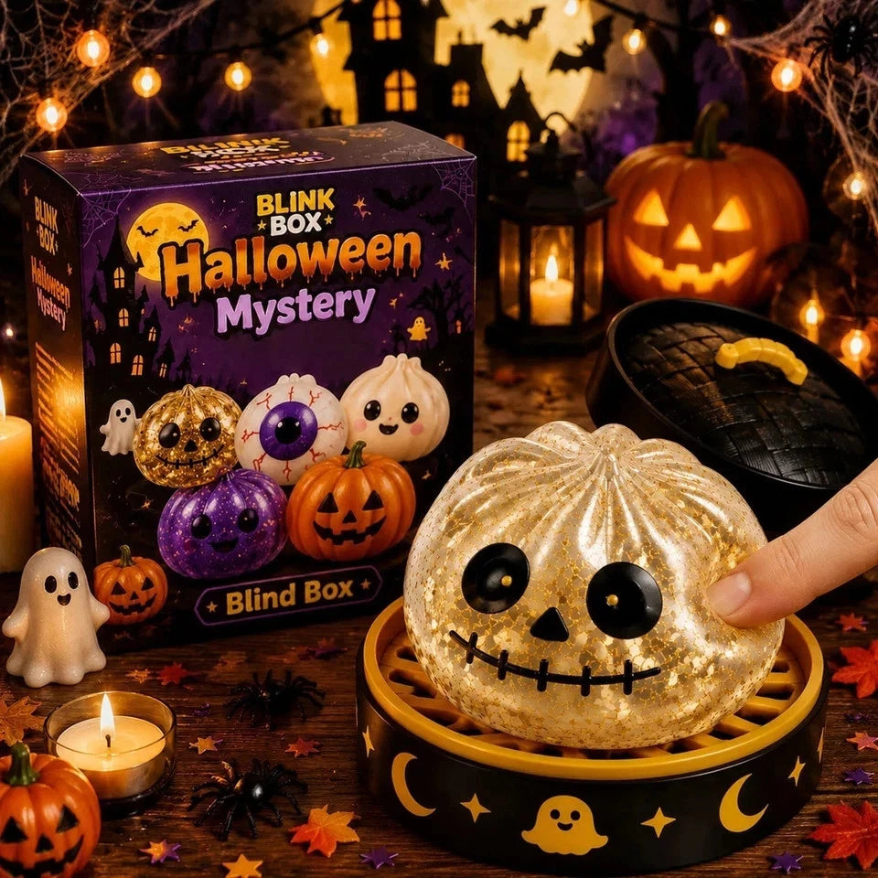 5-Pack Halloween Mystery Glitter Squishy Boo Crew Box – Slow-Rise Sensory Fidget Toys with Skull, Pumpkin, Eyeball, Ghost & Purple Monster, Spooky Basket Stuffers, Party Favors & Collectible Gift Set