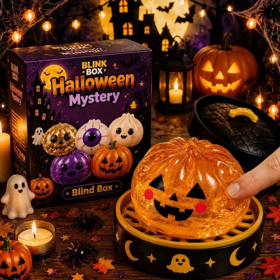 5-Pack Halloween Mystery Glitter Squishy Boo Crew Box – Slow-Rise Sensory Fidget Toys with Skull, Pumpkin, Eyeball, Ghost & Purple Monster, Spooky Basket Stuffers, Party Favors & Collectible Gift Set