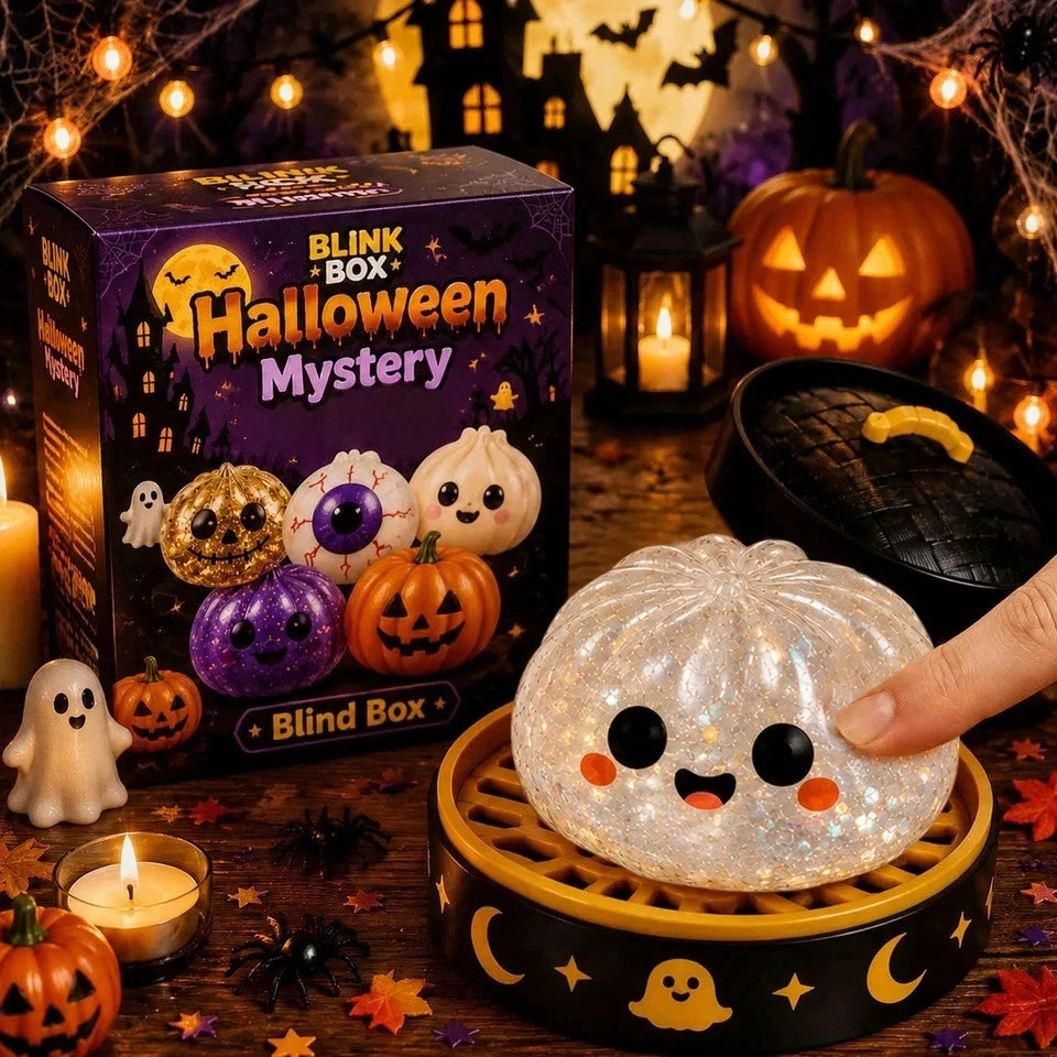 5-Pack Halloween Mystery Glitter Squishy Boo Crew Box – Slow-Rise Sensory Fidget Toys with Skull, Pumpkin, Eyeball, Ghost & Purple Monster, Spooky Basket Stuffers, Party Favors & Collectible Gift Set