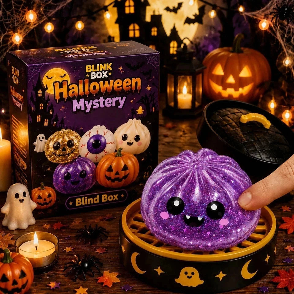 5-Pack Halloween Mystery Glitter Squishy Boo Crew Box – Slow-Rise Sensory Fidget Toys with Skull, Pumpkin, Eyeball, Ghost & Purple Monster, Spooky Basket Stuffers, Party Favors & Collectible Gift Set